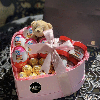 Pink Heart Hamper with Teddy & Chocolates